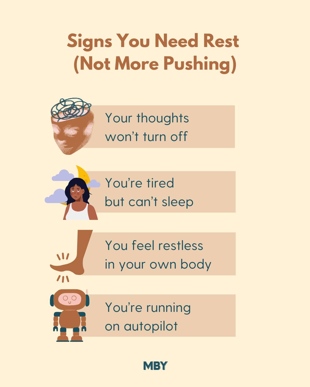 Feeling like your brain just won’t shut off? Or maybe you’re exhausted but can’t catch real sleep? 😩 These are signs your body needs rest, not more pushing.

Rest isn’t a weakness; it’s a necessary part of self-care and healing. Listen to your body, slow down, and give yourself permission to pause. Your mind and body will thank you. 💛✨

Which of these signs do you recognize in yourself? Let’s talk about it. 👇
-
-
-
-
-

#mentalhealthmatters #selfcompassion #mindfulliving #restisproductive #slowliving #burnoutculture #selfcareisessential #WellnessJourney #selftrust #selfhealers